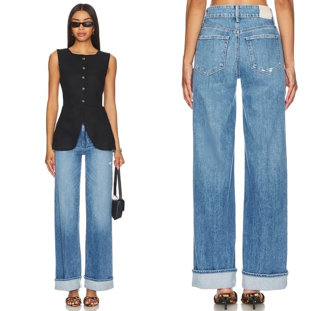 PAIGE Womens Medium Wash Holy Grail Distressed Sasha Wide Leg Cuff Jean Size 31